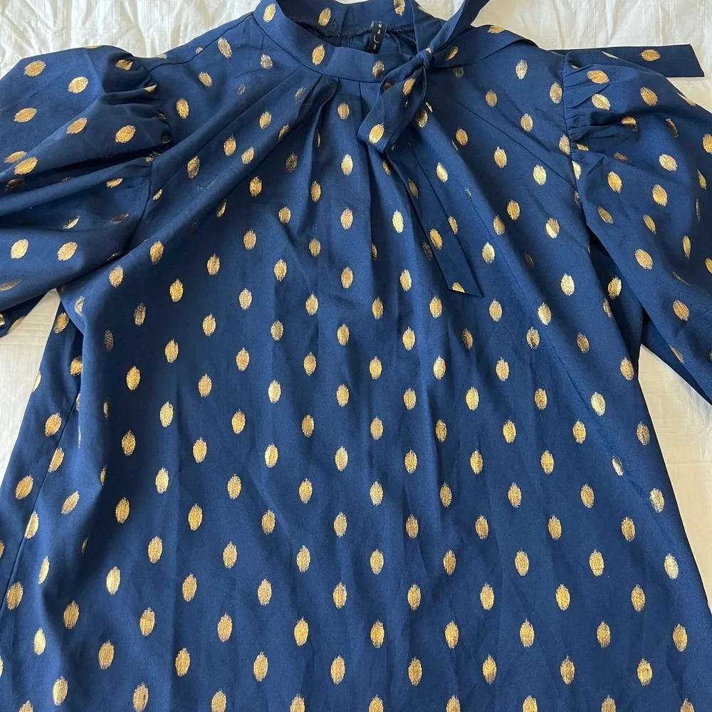 Navy Blue and Gold Polka Dot Women's Top - Picture 2 of 4